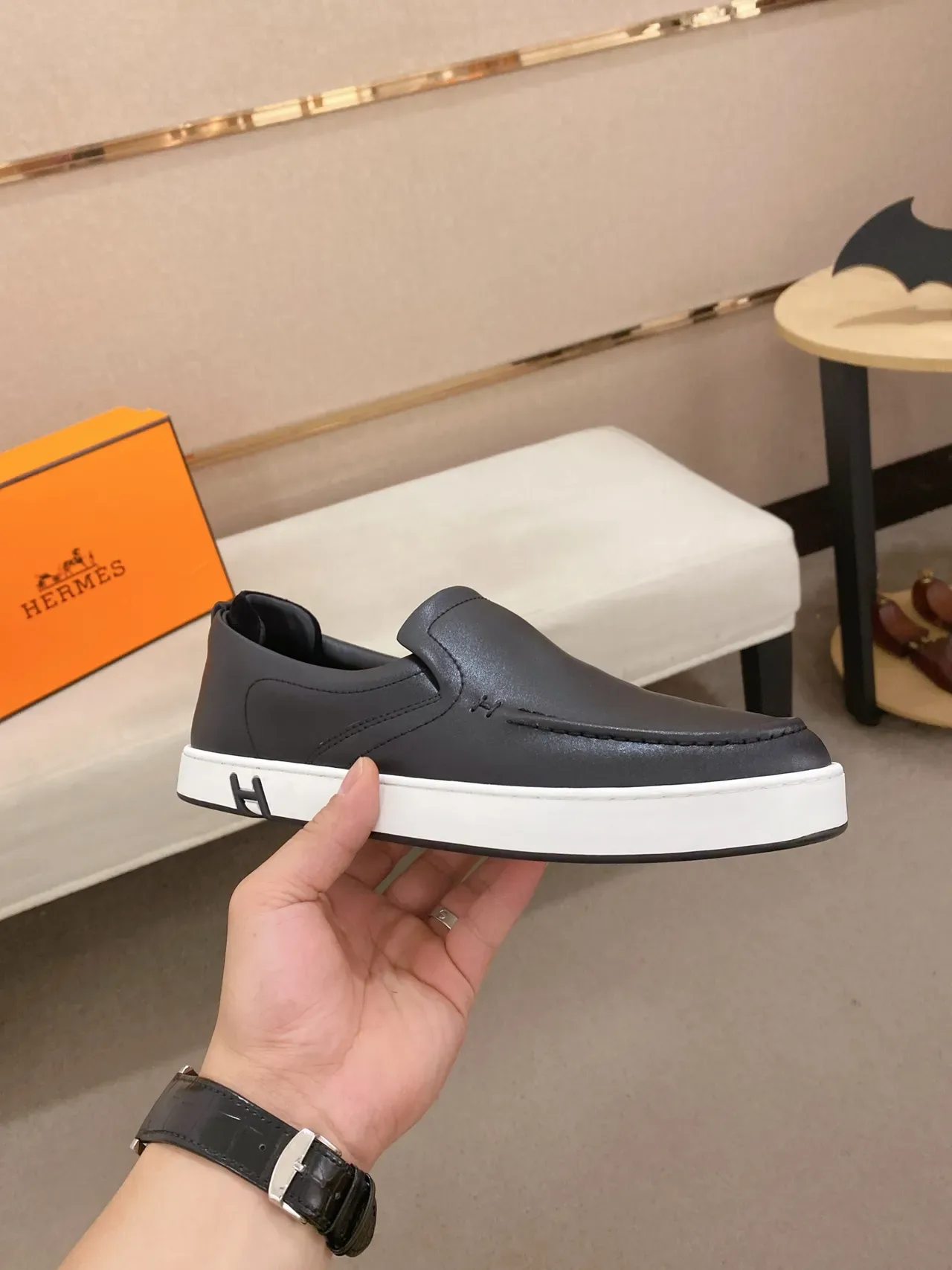 Hermès Oran Black White Slip-On Leather Upper Loafer 4