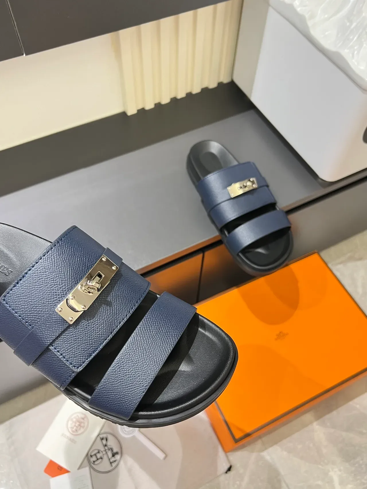 Hermès Oran Blue Silver Double-Strap Metal Turn-Lock Buckle Slippers 3