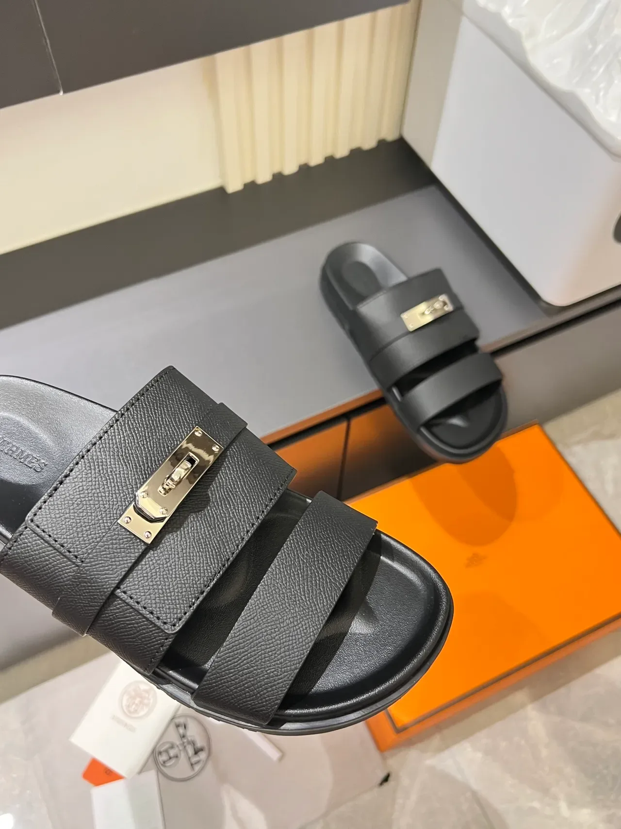 Hermès Oran Blue Silver Double-Strap Metal Turn-Lock Buckle Slippers 5