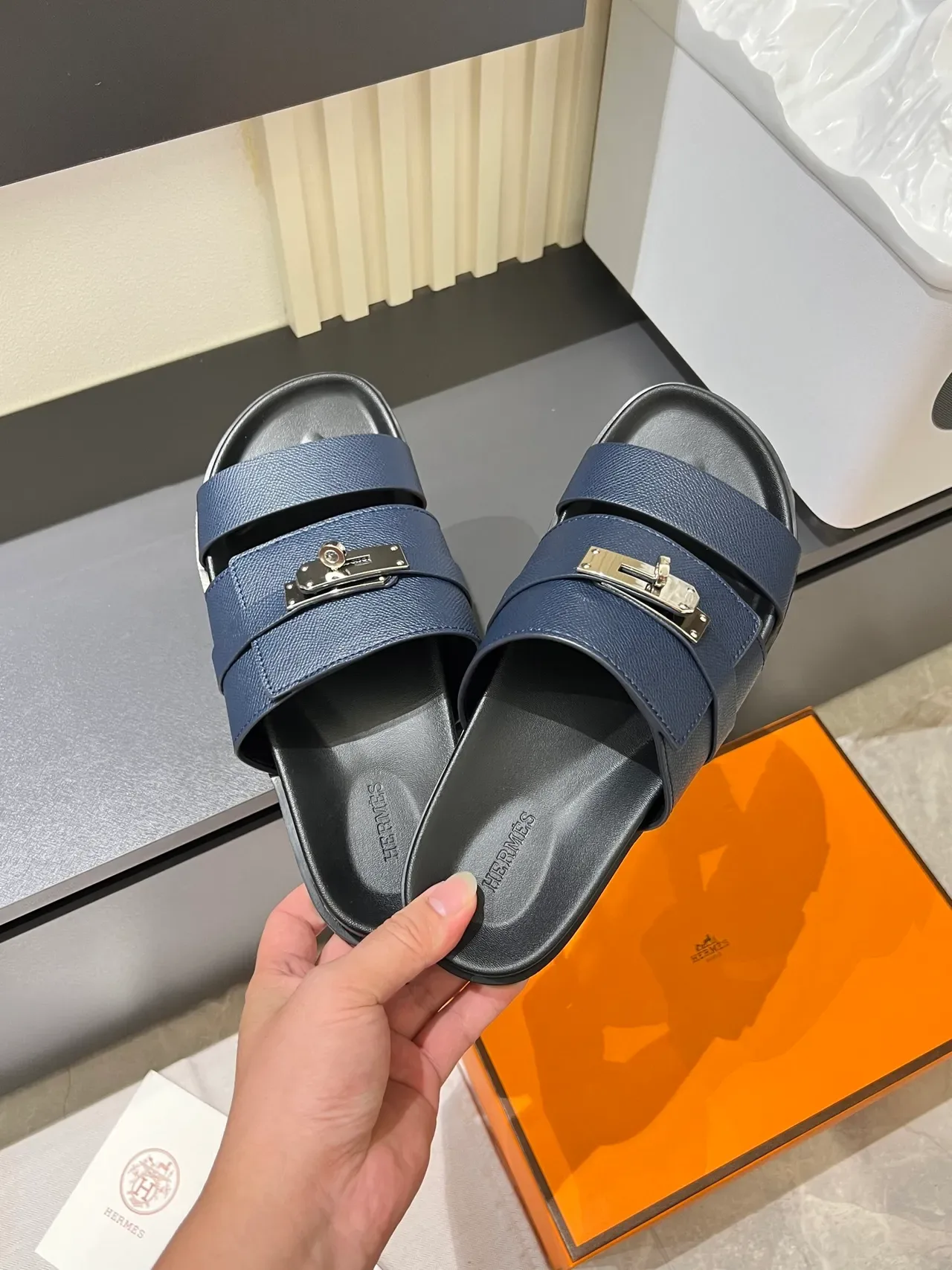 Hermès Oran Blue Silver Double-Strap Metal Turn-Lock Buckle Slippers 6