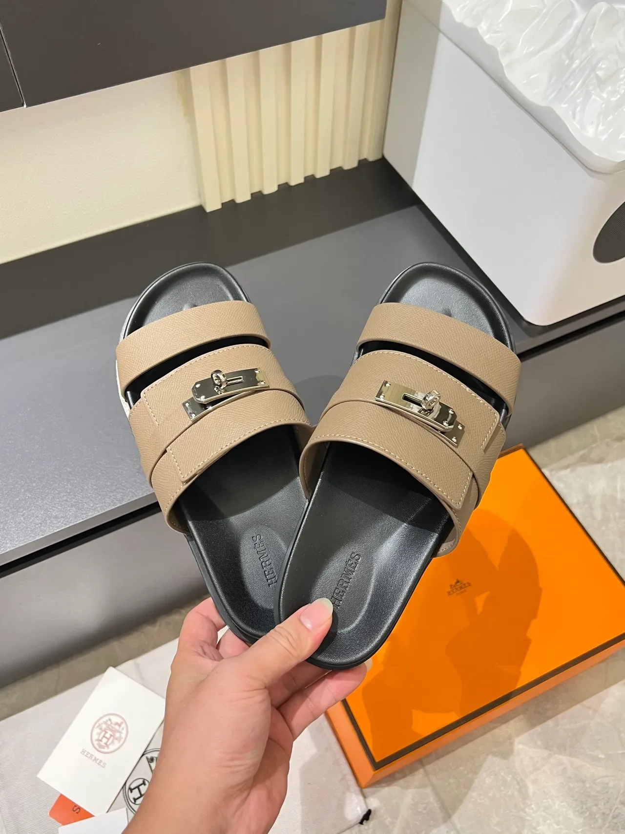 Hermès Oran Blue Silver Double-Strap Metal Turn-Lock Buckle Slippers 7