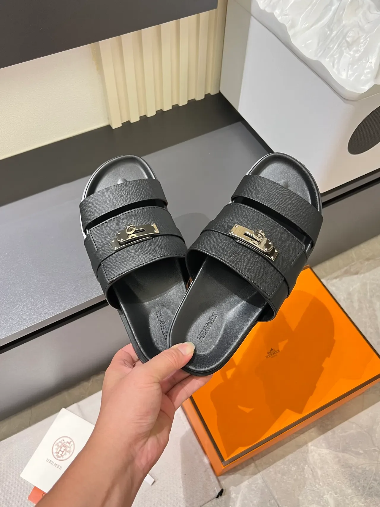 Hermès Oran Blue Silver Double-Strap Metal Turn-Lock Buckle Slippers 8