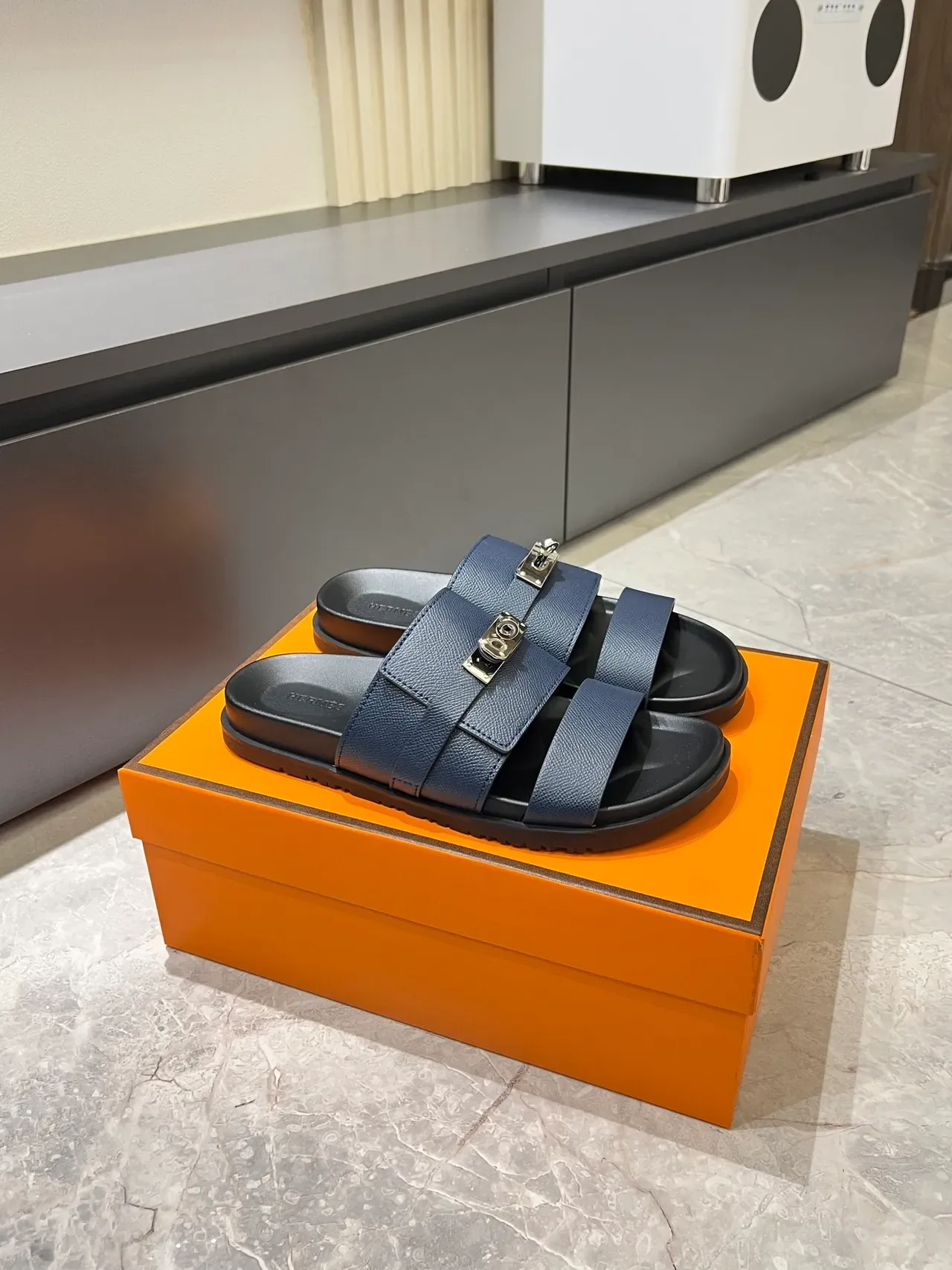 Hermès Oran Blue Silver Double-Strap Metal Turn-Lock Buckle Slippers 9