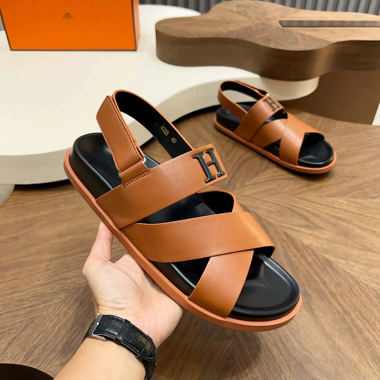 Hermès Oran Brown Black Crossed Leather Straps Prominent H-Buckle Hardware Gladiator Sandals 11