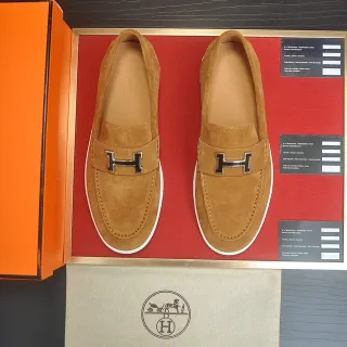 Hermès Oran Brown White Suede Upper H-Shaped Metal Buckle Loafer