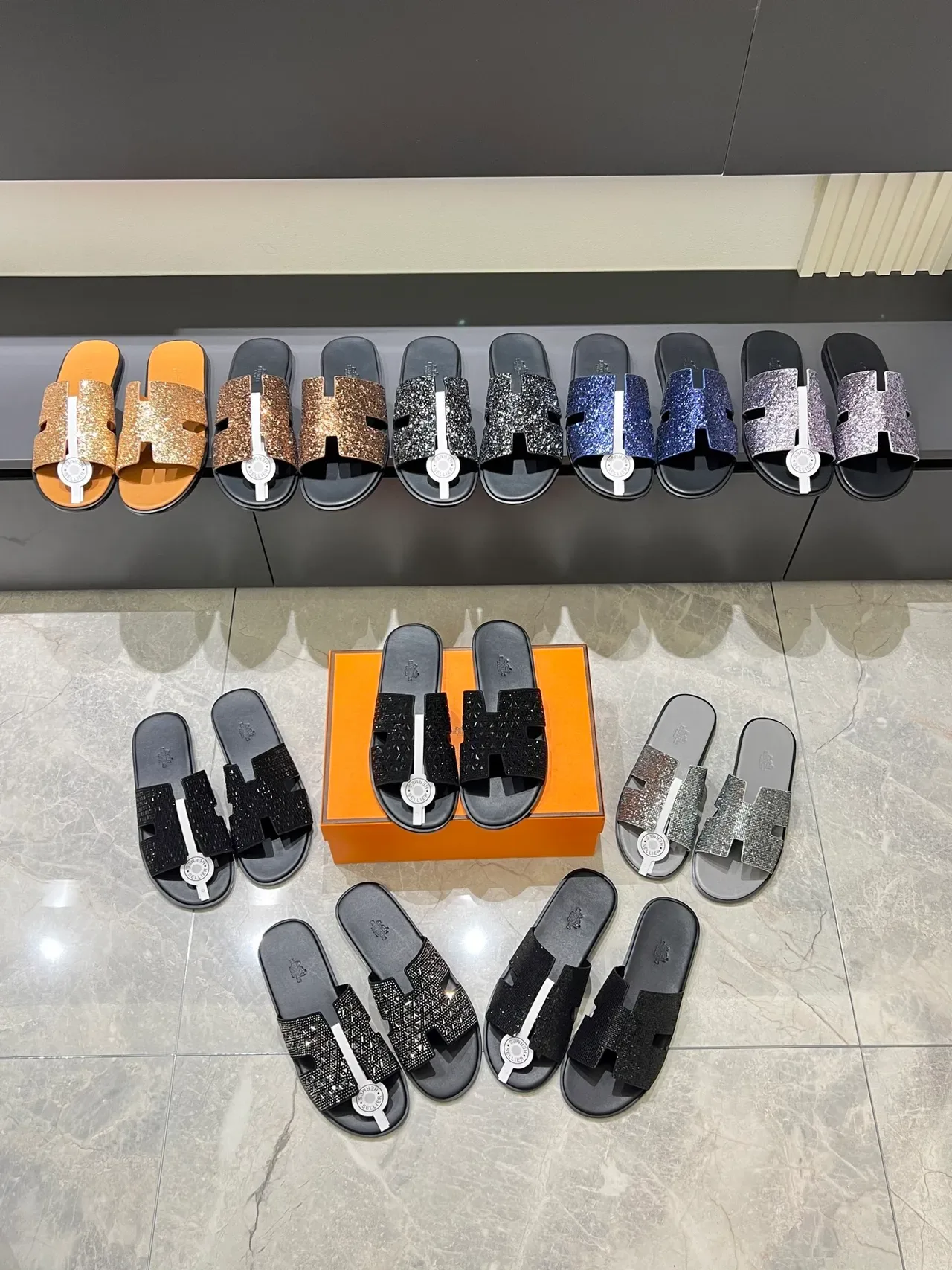 Hermès Oran Glitter-Embellished H-Strap Slippers 1