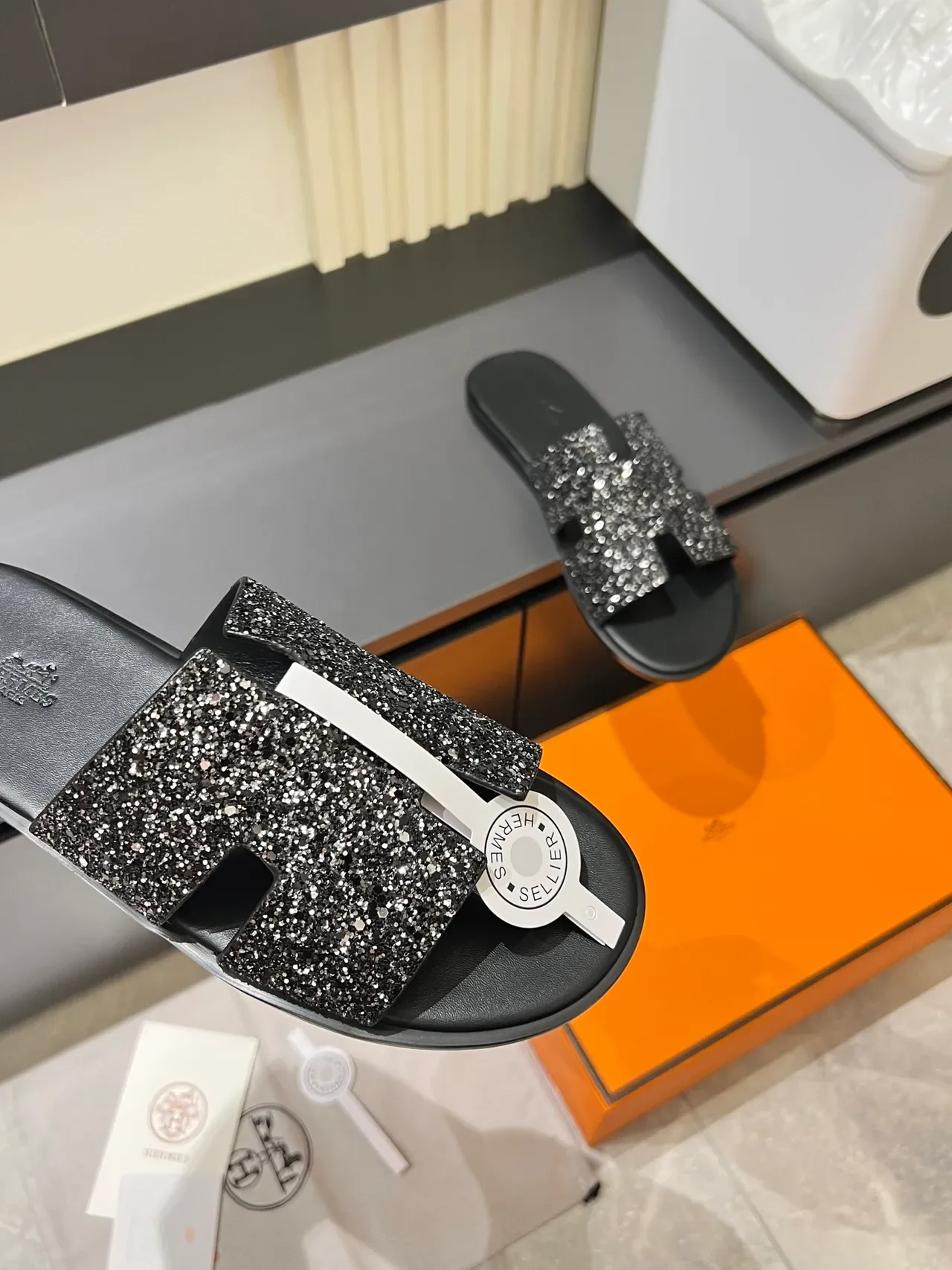 Hermès Oran Glitter-Embellished H-Strap Slippers 4