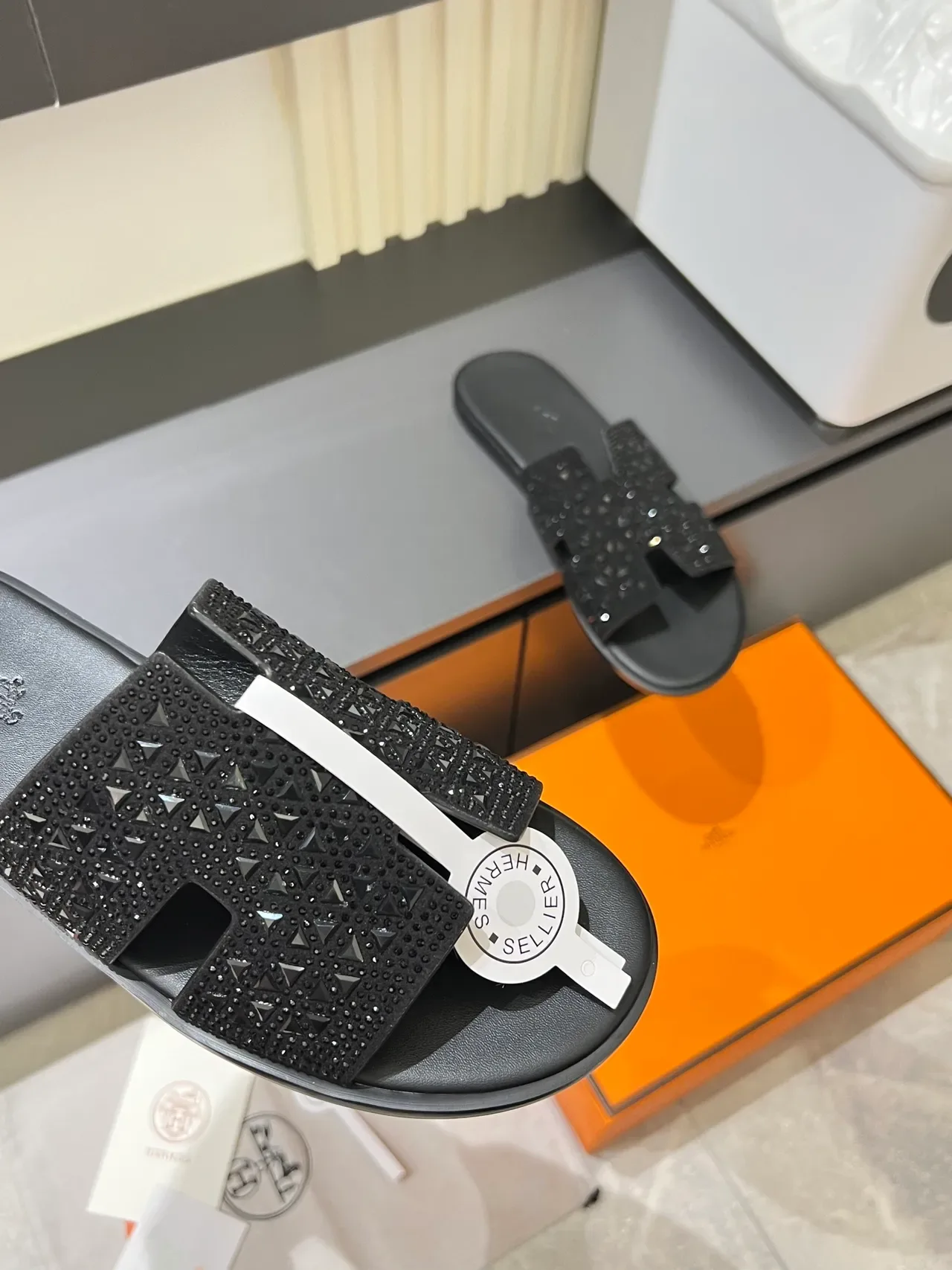 Hermès Oran Glitter-Embellished H-Strap Slippers 11
