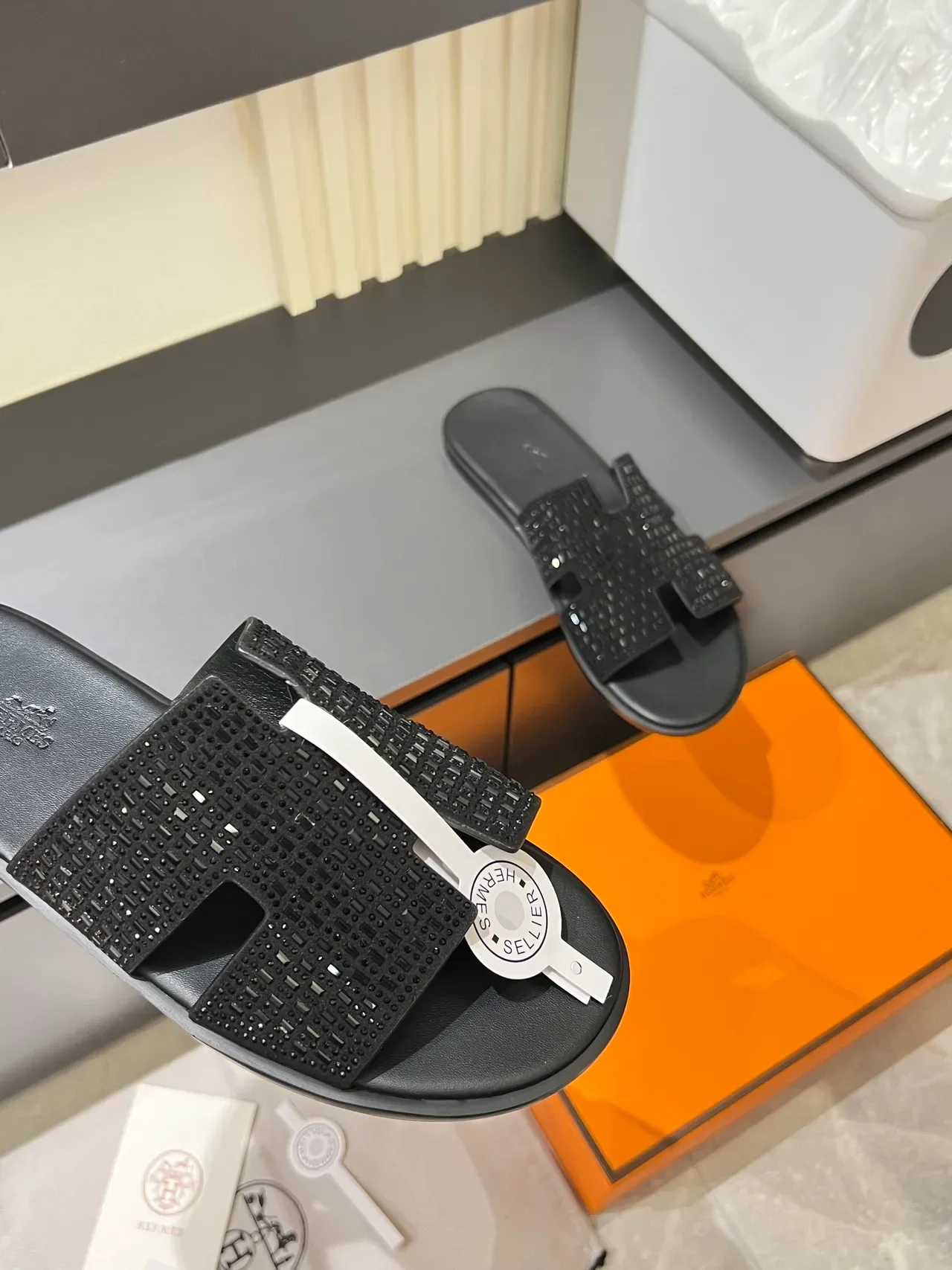 Hermès Oran Glitter-Embellished H-Strap Slippers 12