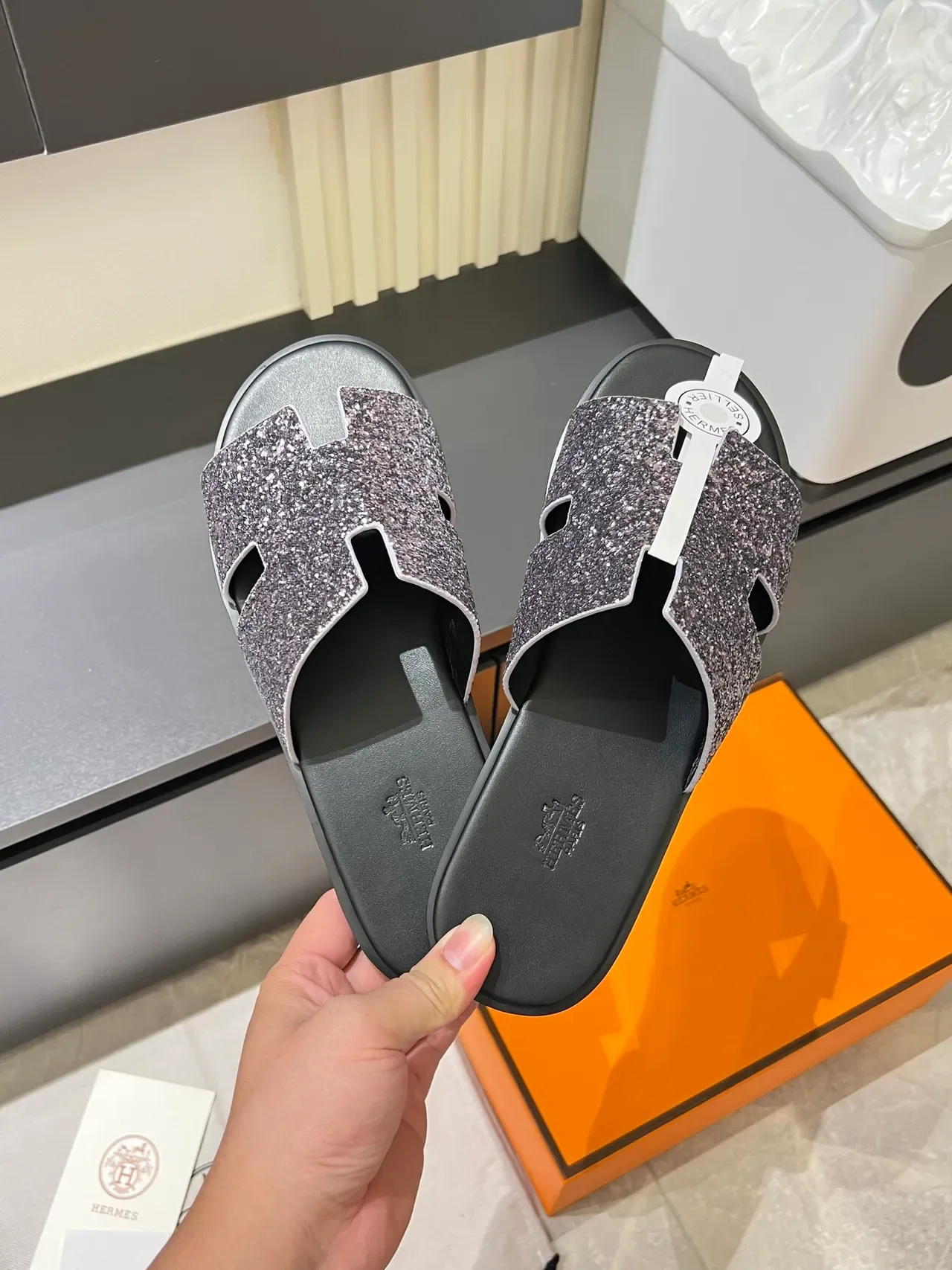 Hermès Oran Glitter-Embellished H-Strap Slippers 17