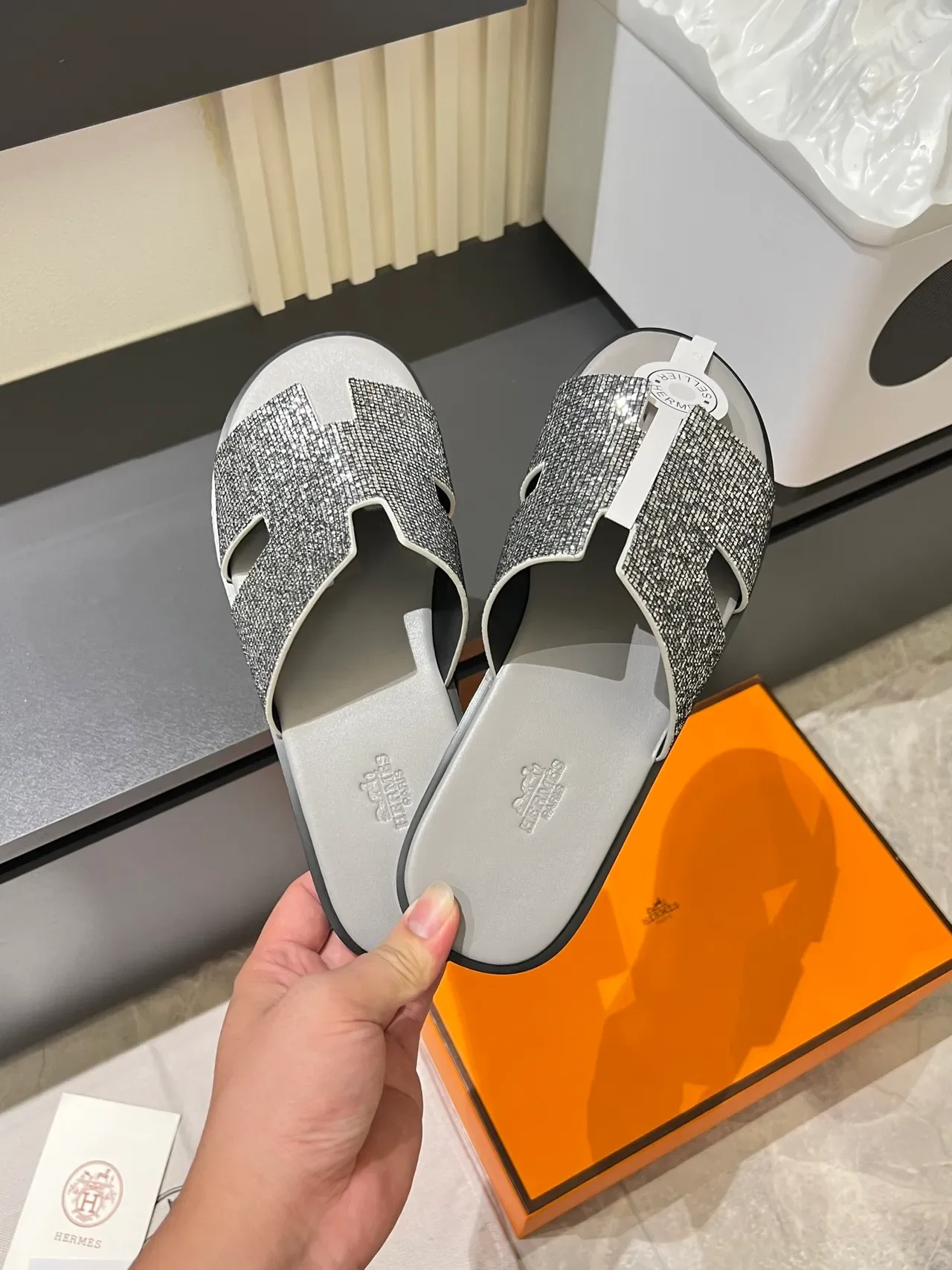 Hermès Oran Glitter-Embellished H-Strap Slippers 18