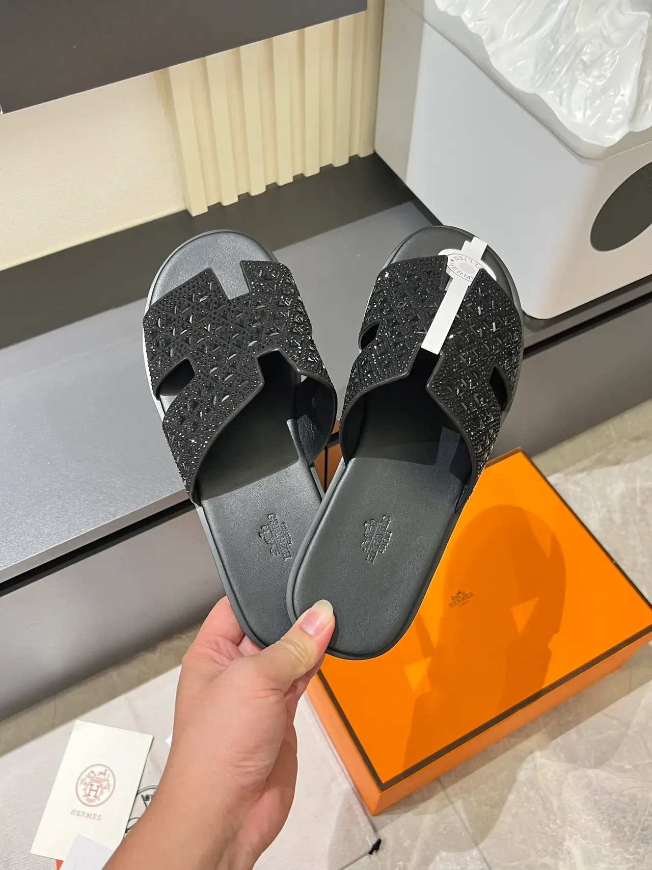 Hermès Oran Glitter-Embellished H-Strap Slippers 21