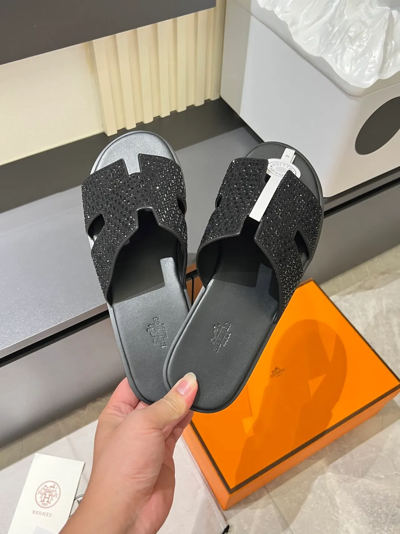 Hermès Oran Glitter-Embellished H-Strap Slippers 22