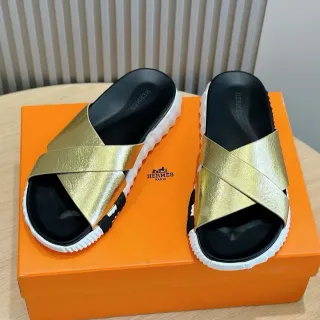 Hermès Oran Gold Black Metallic Crisscross Straps Molded Footbed Slippers