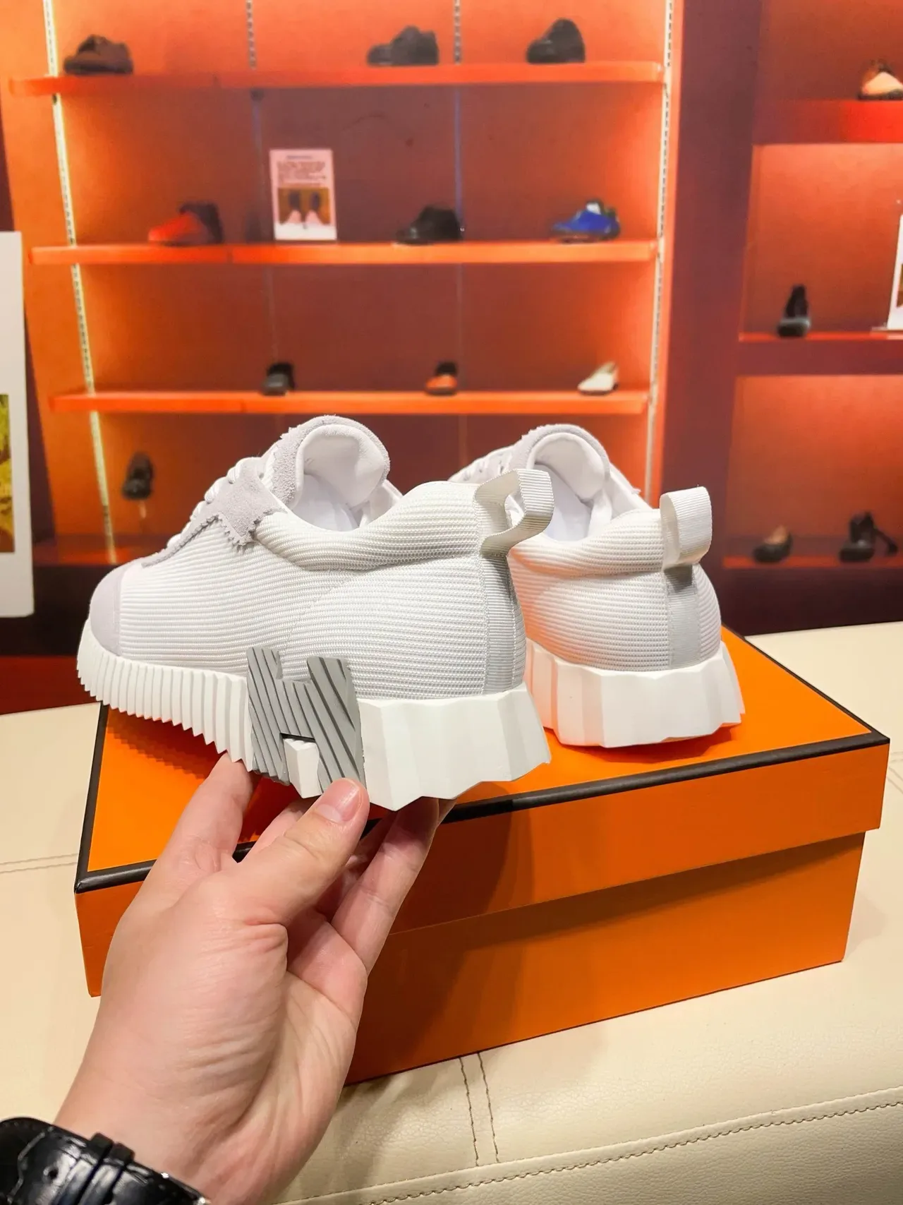 Hermès Oran Gris Blanc Semicoulé Ranuré Daim Superposé Et Tricot Côtelé Supérieur Chaussures Lifestyle 2
