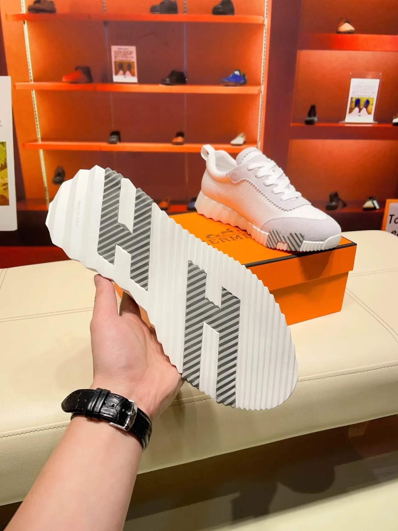 Hermès Oran Gris Blanc Semicoulé Ranuré Daim Superposé Et Tricot Côtelé Supérieur Chaussures Lifestyle 4
