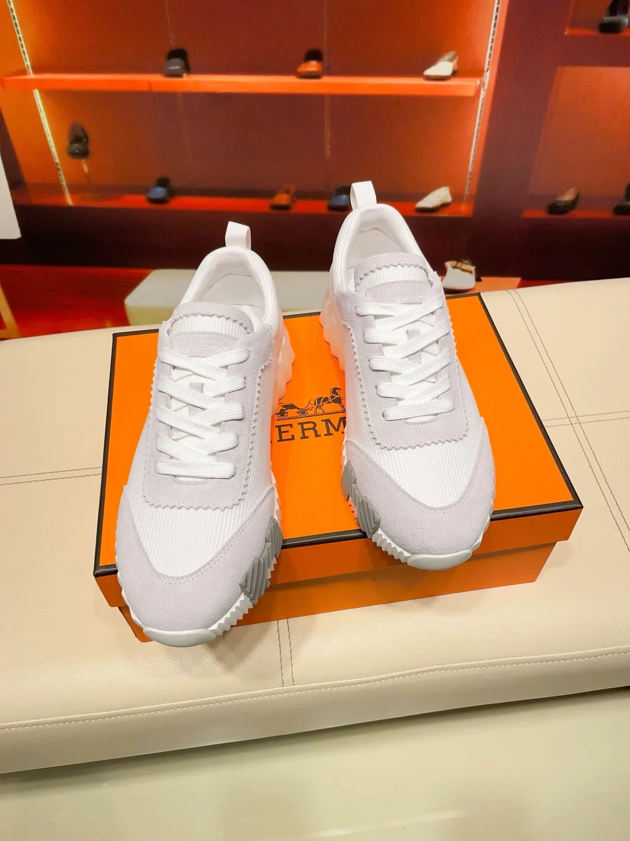 Hermès Oran Gris Blanc Semicoulé Ranuré Daim Superposé Et Tricot Côtelé Supérieur Chaussures Lifestyle 5