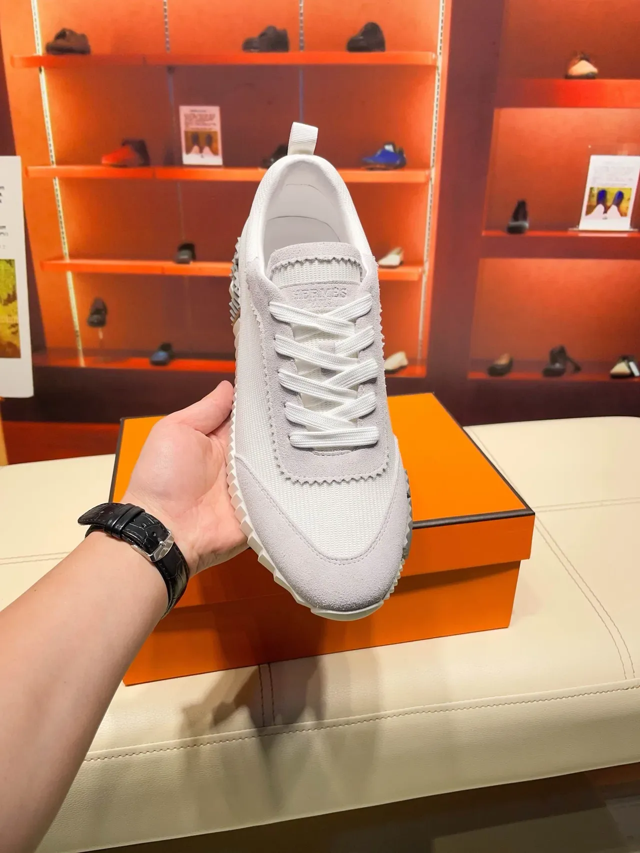 Hermès Oran Gris Blanc Semicoulé Ranuré Daim Superposé Et Tricot Côtelé Supérieur Chaussures Lifestyle 6