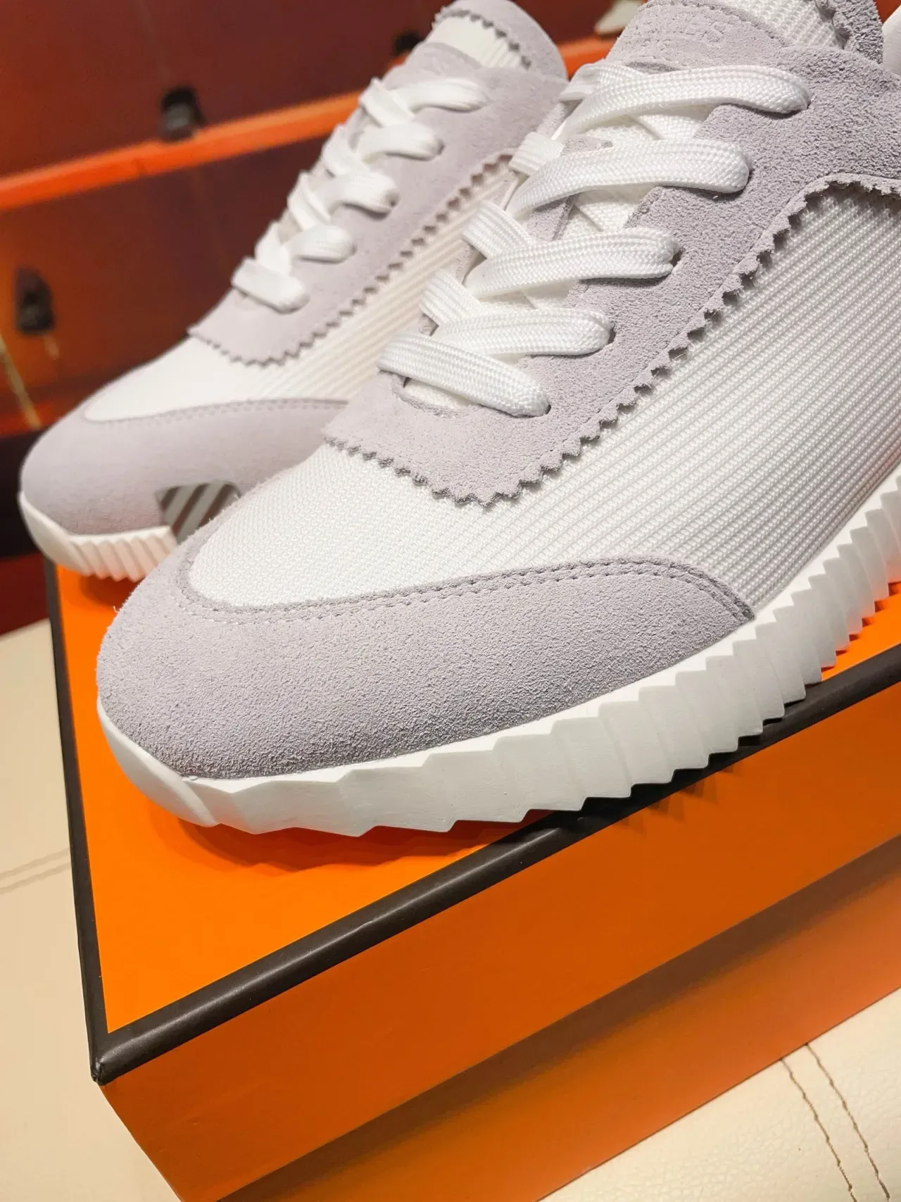 Hermès Oran Gris Blanc Semicoulé Ranuré Daim Superposé Et Tricot Côtelé Supérieur Chaussures Lifestyle 7