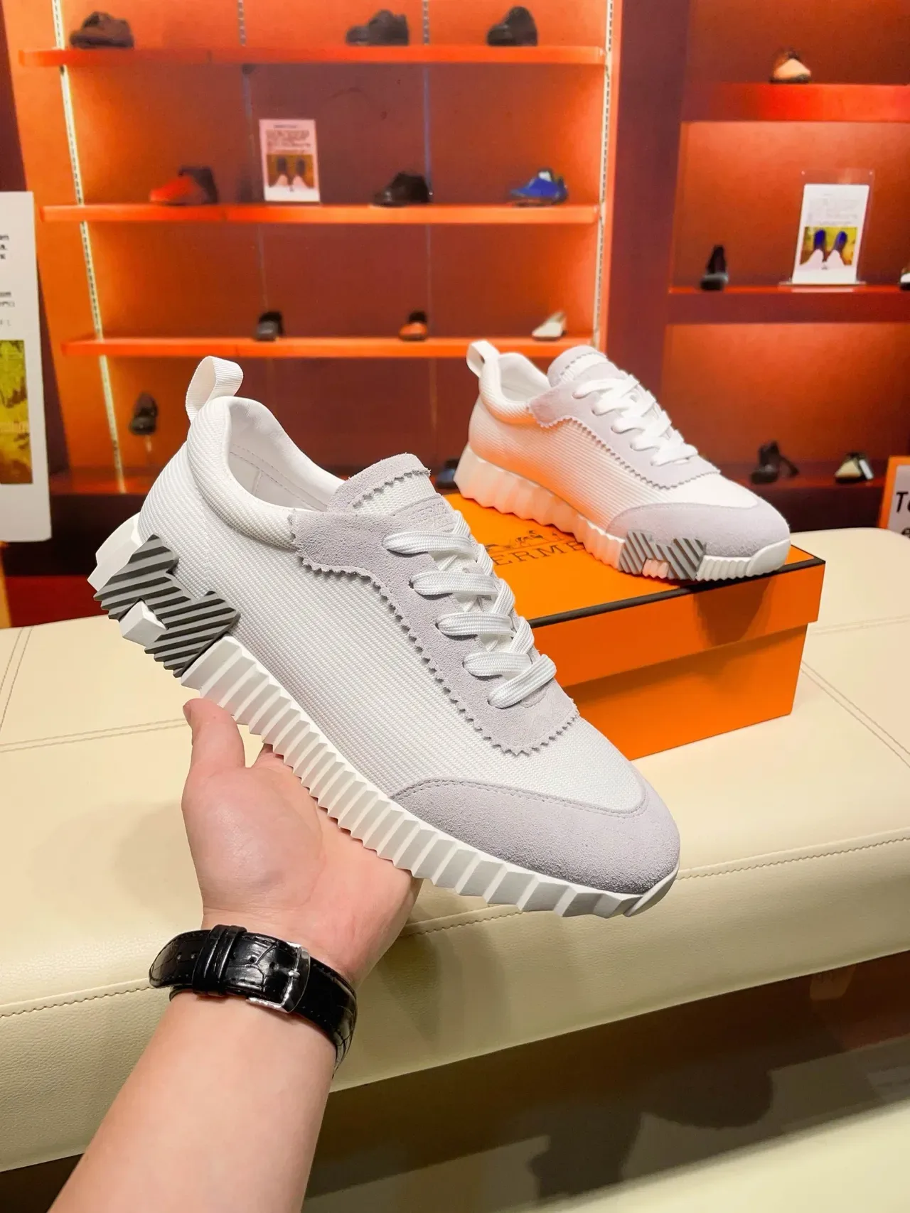 Hermès Oran Gris Blanc Semicoulé Ranuré Daim Superposé Et Tricot Côtelé Supérieur Chaussures Lifestyle 8
