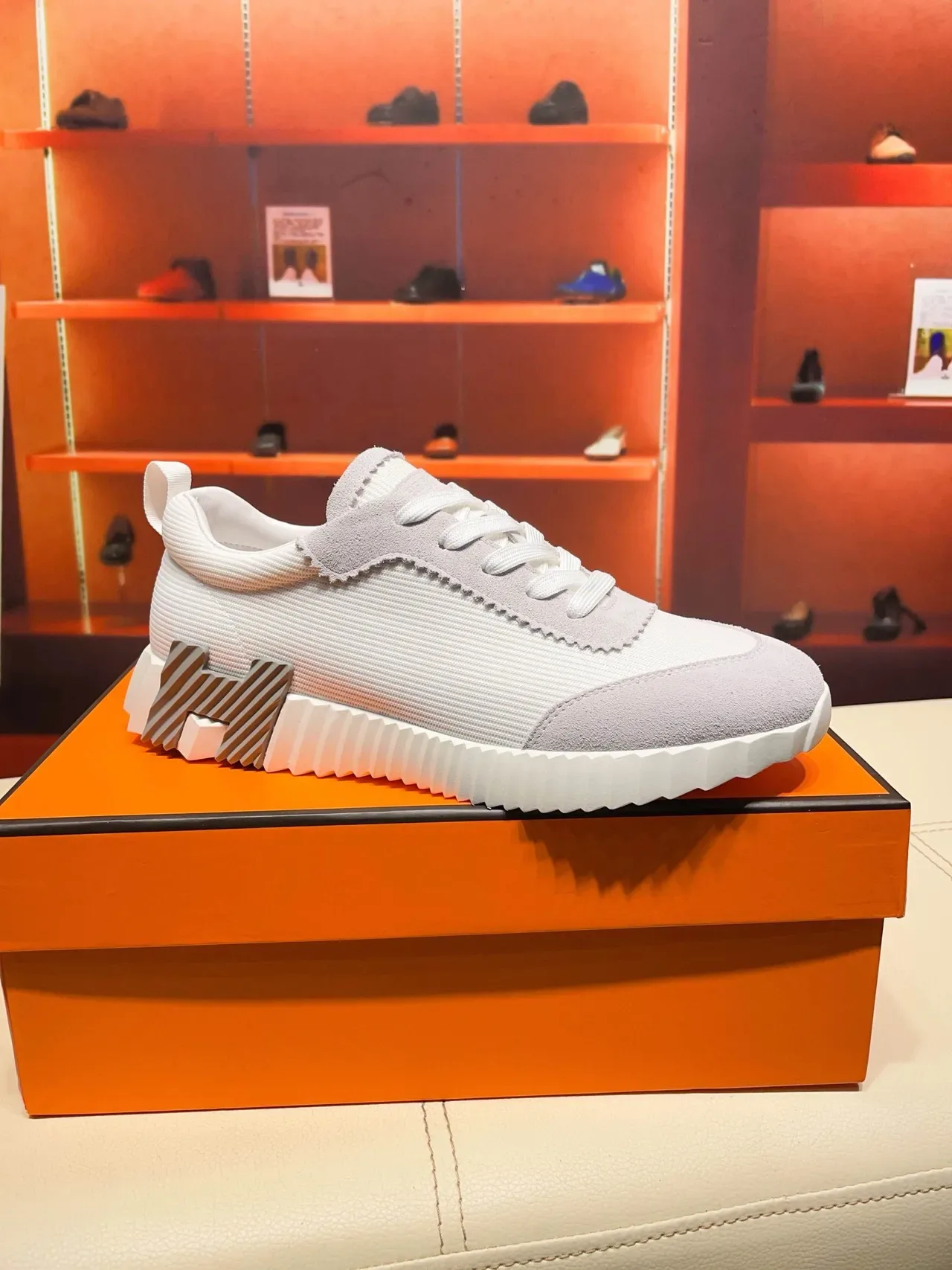Hermès Oran Gris Blanc Semicoulé Ranuré Daim Superposé Et Tricot Côtelé Supérieur Chaussures Lifestyle 9