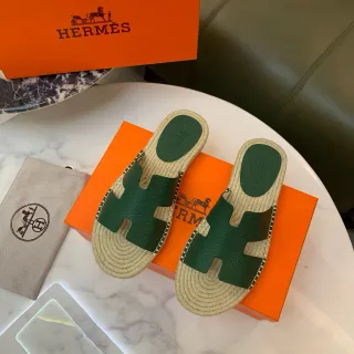 Hermès Oran Green Leather H-Strap Espadrille Slippers