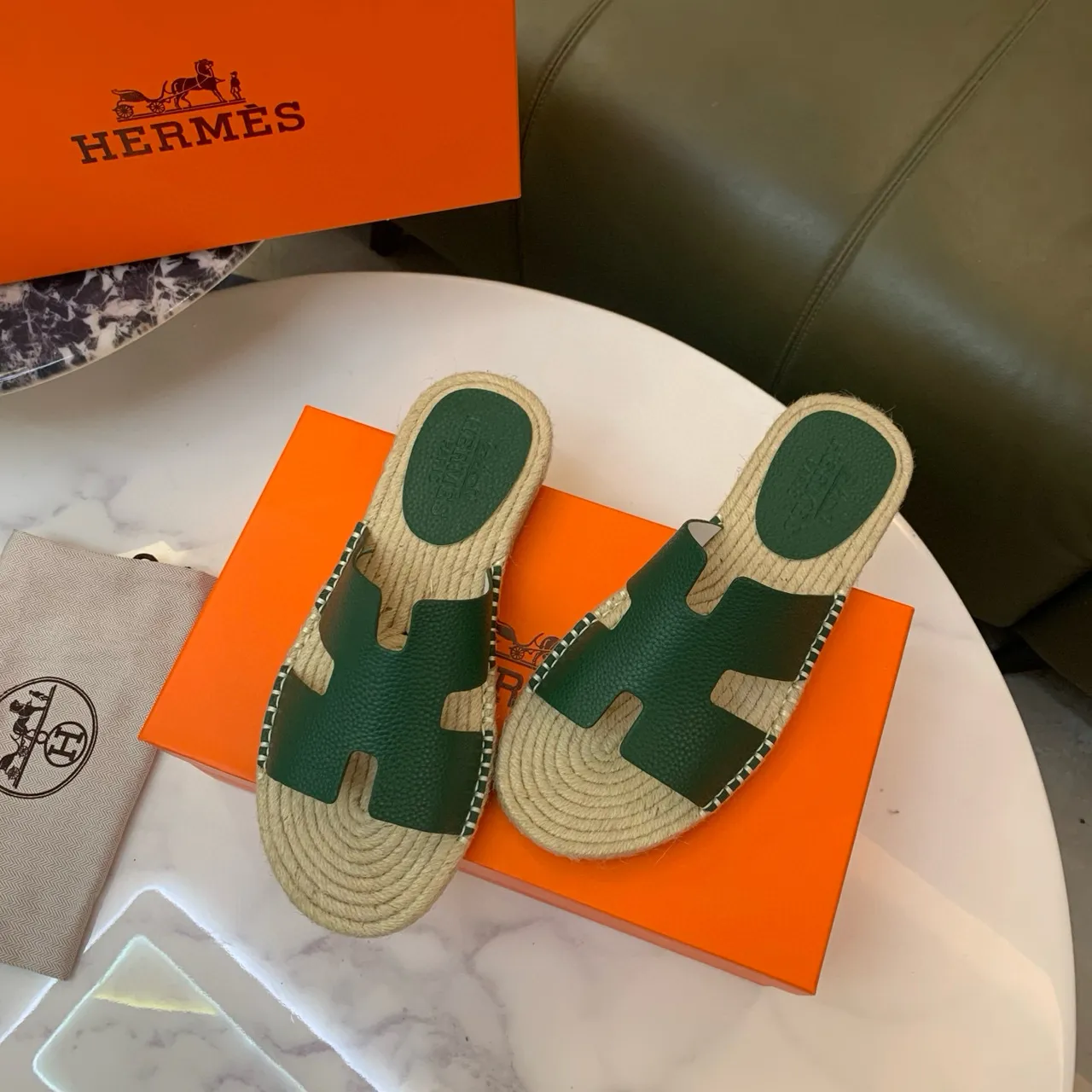 হার্মেস ওরান সবুজ চামড়া H-Strap Espadrille স্লিপার 2