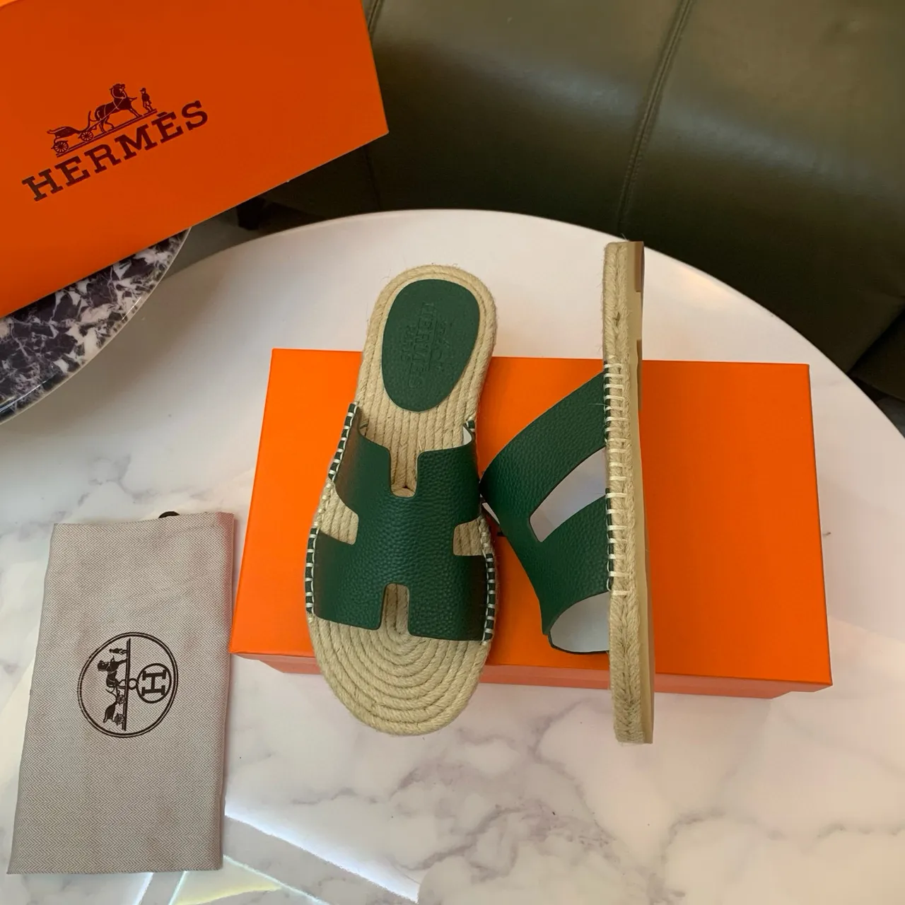 হার্মেস ওরান সবুজ চামড়া H-Strap Espadrille স্লিপার 3