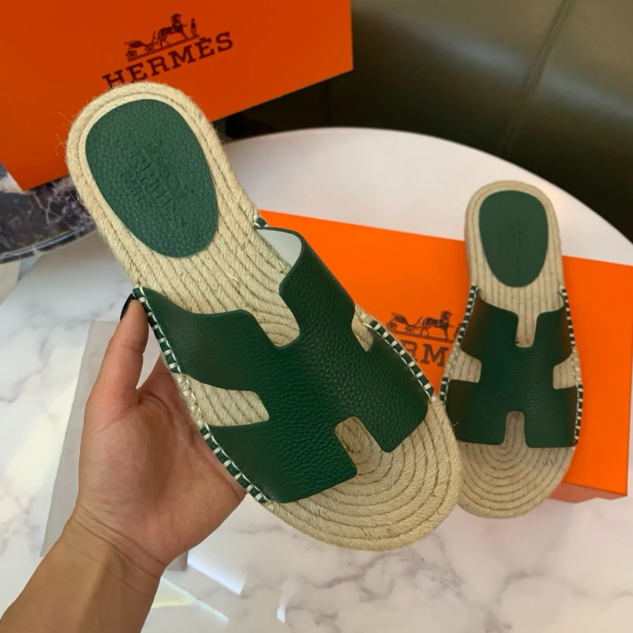 হার্মেস ওরান সবুজ চামড়া H-Strap Espadrille স্লিপার 4