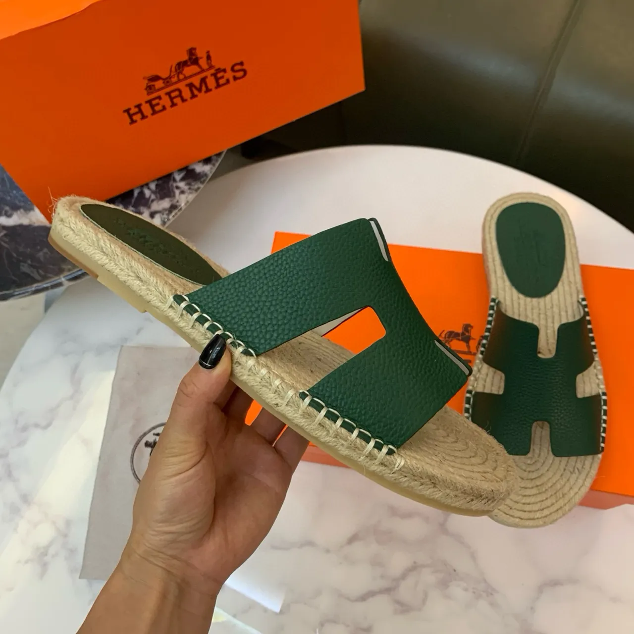 হার্মেস ওরান সবুজ চামড়া H-Strap Espadrille স্লিপার 5
