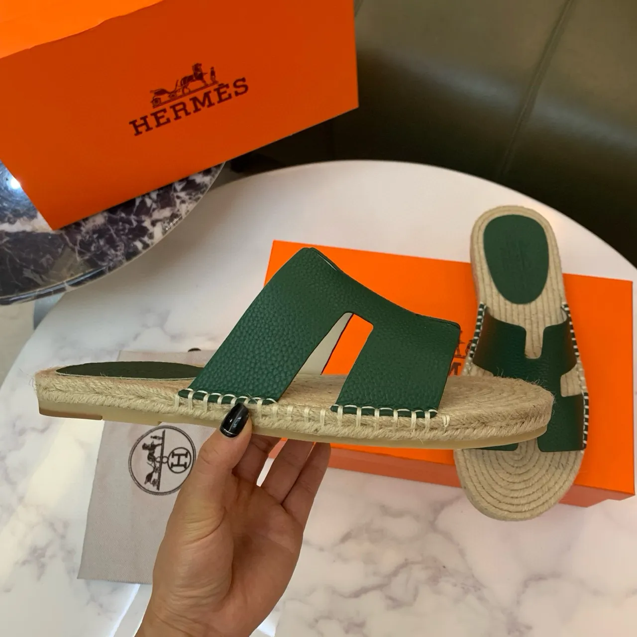হার্মেস ওরান সবুজ চামড়া H-Strap Espadrille স্লিপার 6