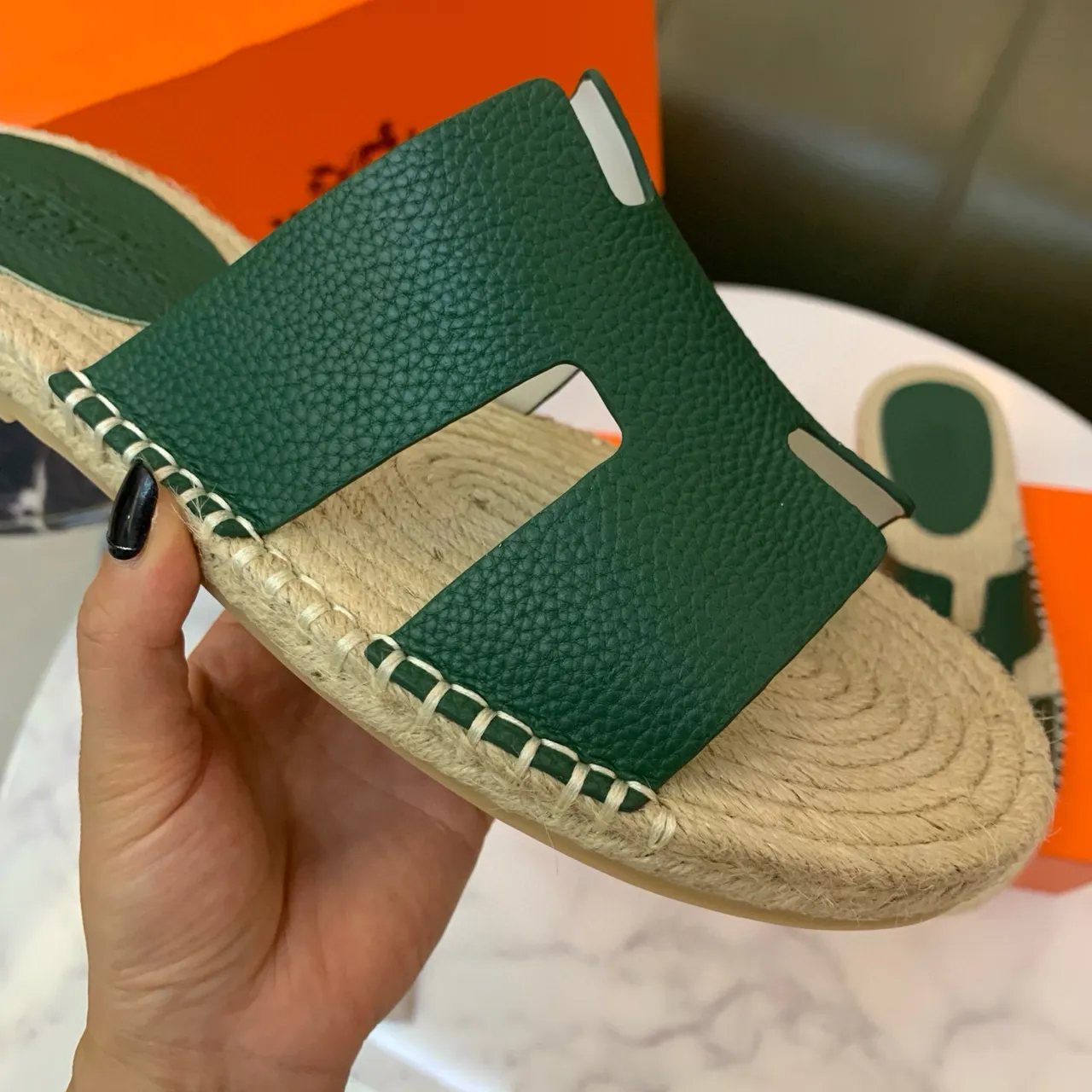 হার্মেস ওরান সবুজ চামড়া H-Strap Espadrille স্লিপার 7