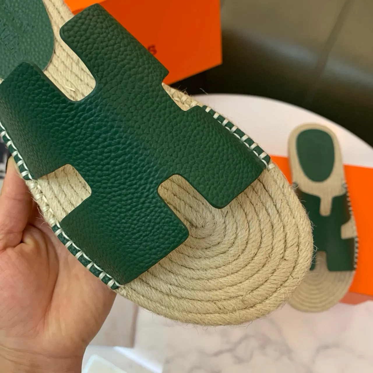 হার্মেস ওরান সবুজ চামড়া H-Strap Espadrille স্লিপার 8