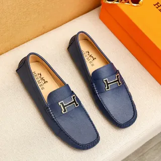Mocasines Hermès Oran Cuero Saffiano Azul Marino Hebilla H Dorada
