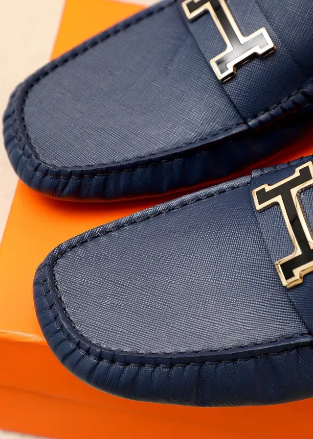 Mocassins Hermès Oran Cuir Saffiano Bleu Marine Boucle H Dorée 4
