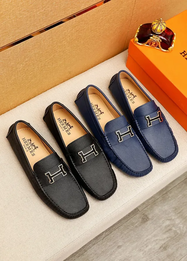 Mocassins Hermès Oran Cuir Saffiano Bleu Marine Boucle H Dorée 6