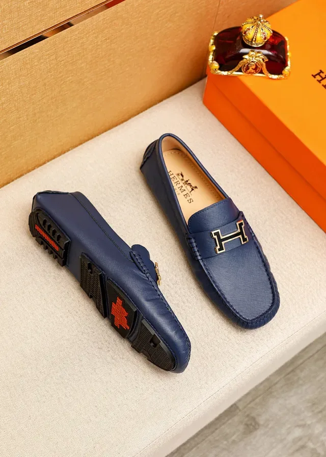 Mocassins Hermès Oran Cuir Saffiano Bleu Marine Boucle H Dorée 9