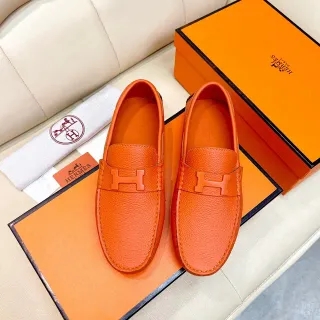 Hermès Oran Orange Pebbled Leather Loafers