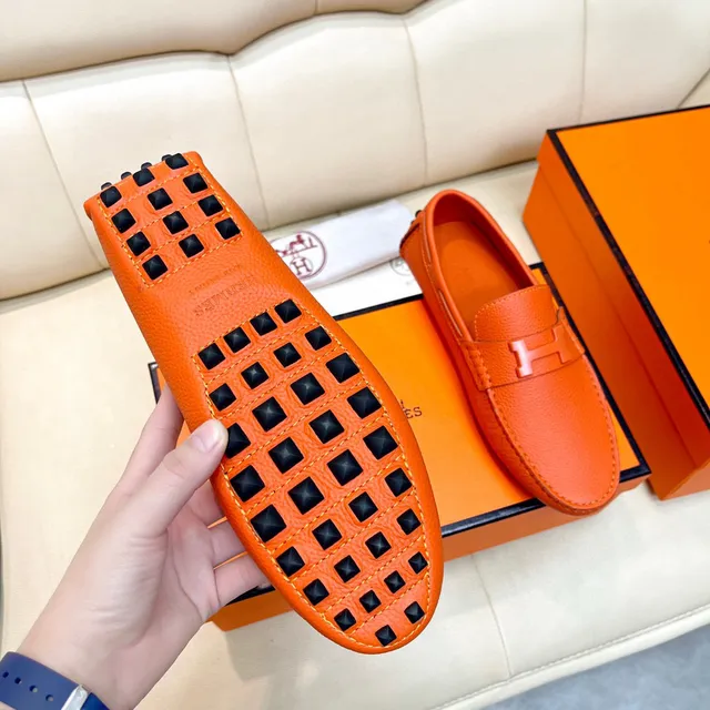Hermès Oran loafers de couro granulado laranja 4