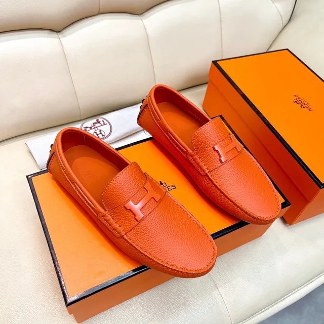 Hermès Oran loafers de couro granulado laranja 6