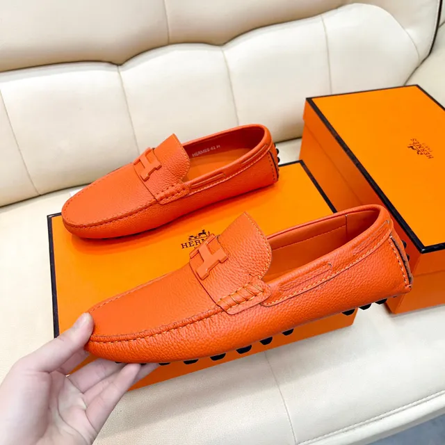 Hermès Oran loafers de couro granulado laranja 7