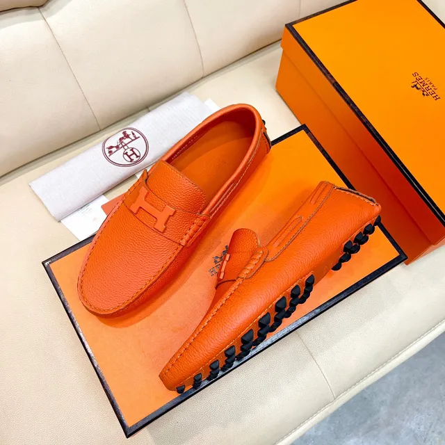 Hermès Oran loafers de couro granulado laranja 8