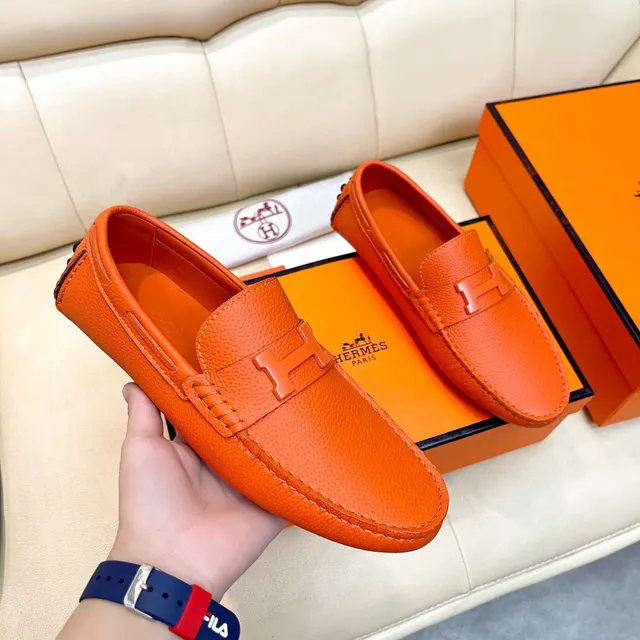 Hermès Oran loafers de couro granulado laranja 9