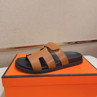 Hermès Oran Tan Leather and Black Rubber Casual Sandals