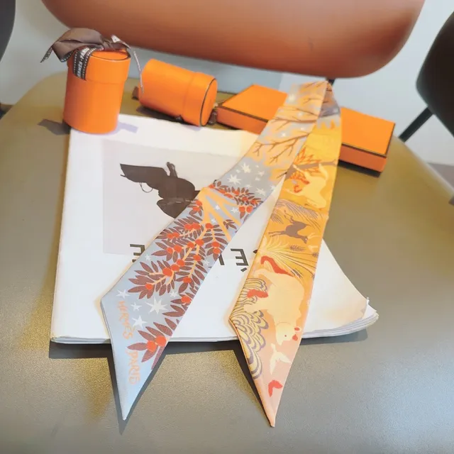 Hermès Orange Multicolor Narrow Printed Pointed Ends Silk Scarf 1