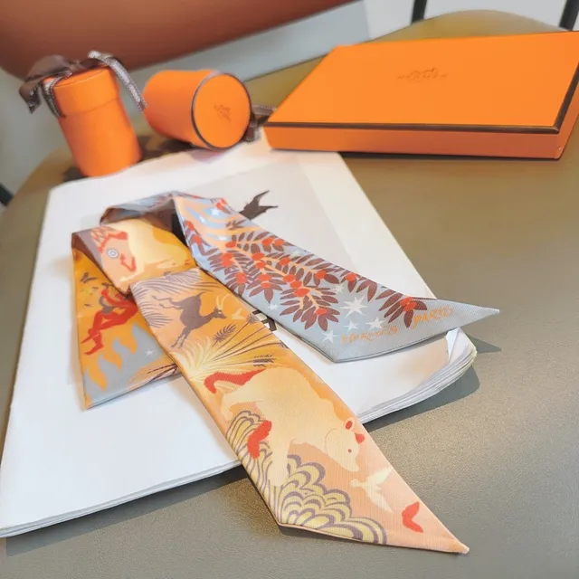 Hermès Orange Multicolor Narrow Printed Pointed Ends Silk Scarf 4