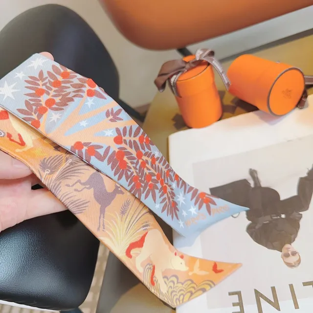 Hermès Orange Multicolor Narrow Printed Pointed Ends Silk Scarf 5