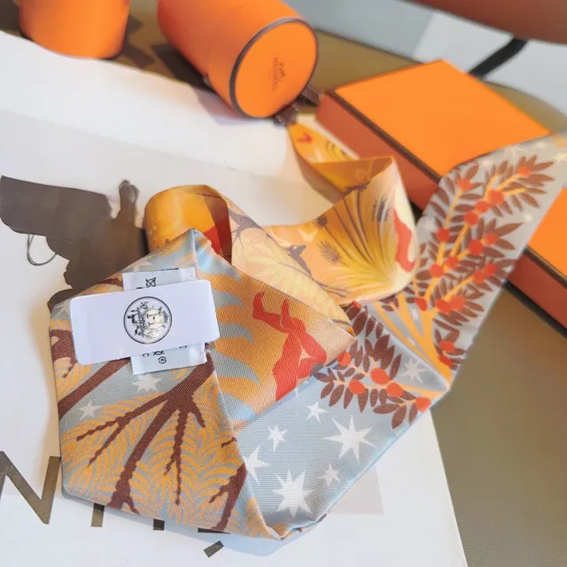 Hermès Orange Multicolor Narrow Printed Pointed Ends Silk Scarf 6