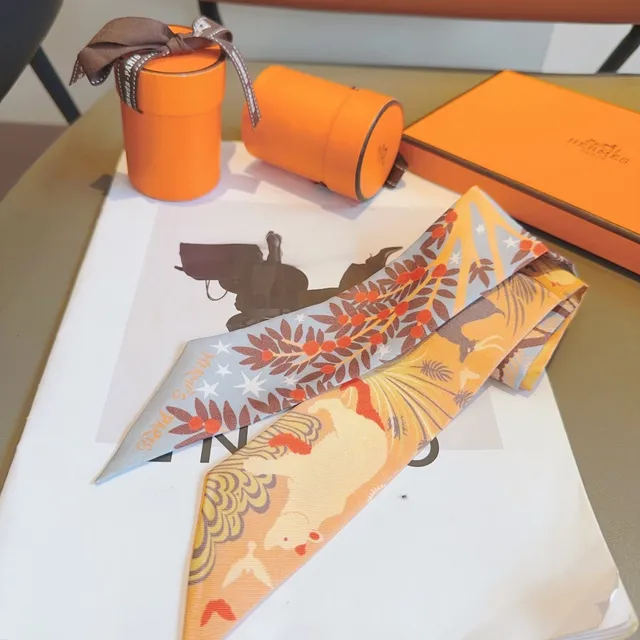 Hermès Orange Multicolor Narrow Printed Pointed Ends Silk Scarf 8