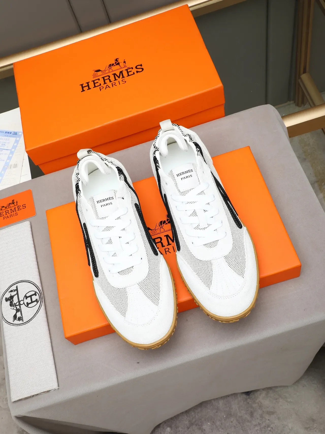 Hermès White Black Mesh And Suede Upper Stylized 'H' Logo Sneakers 2